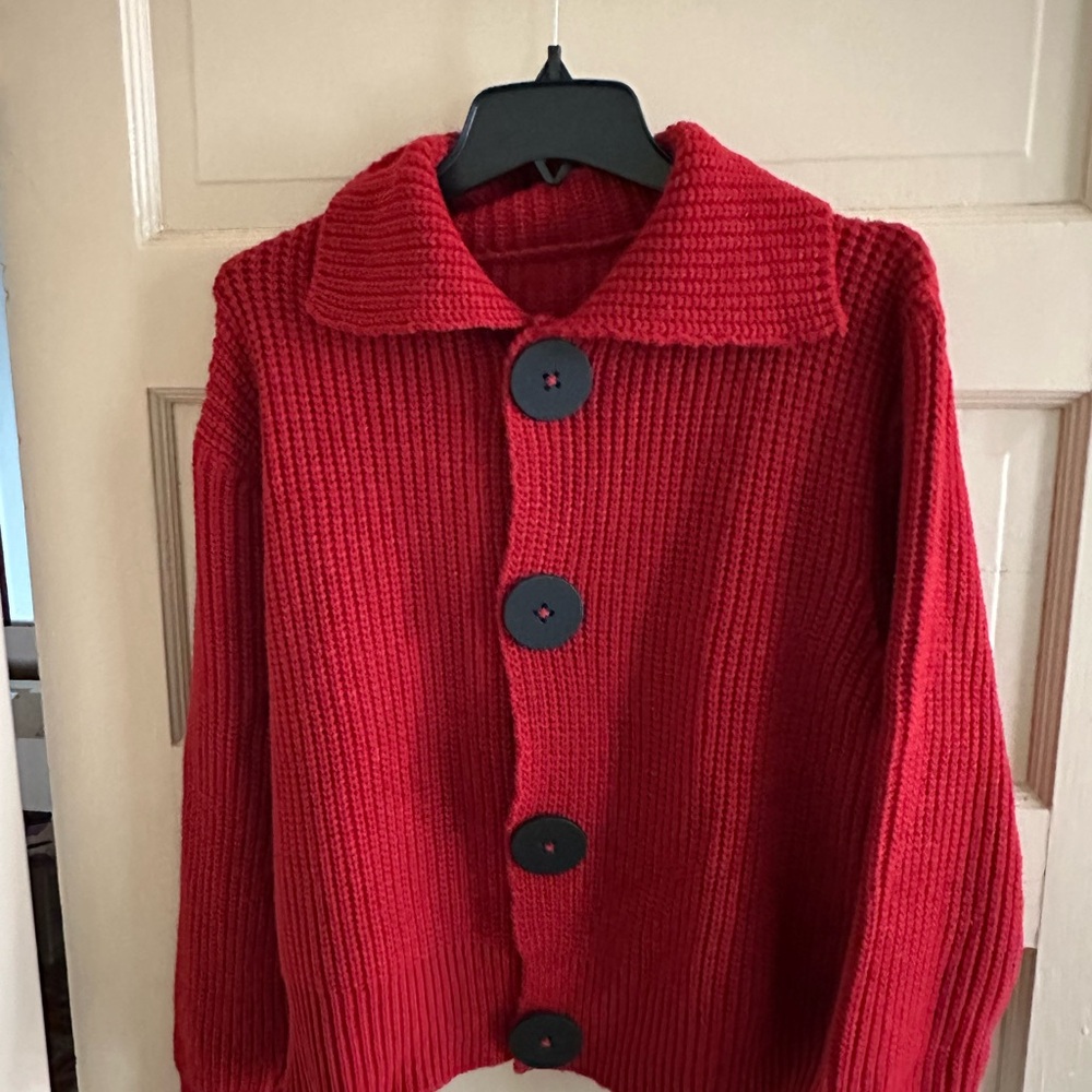 Cranberry Red Sweater with Big Black Buttons NWOT